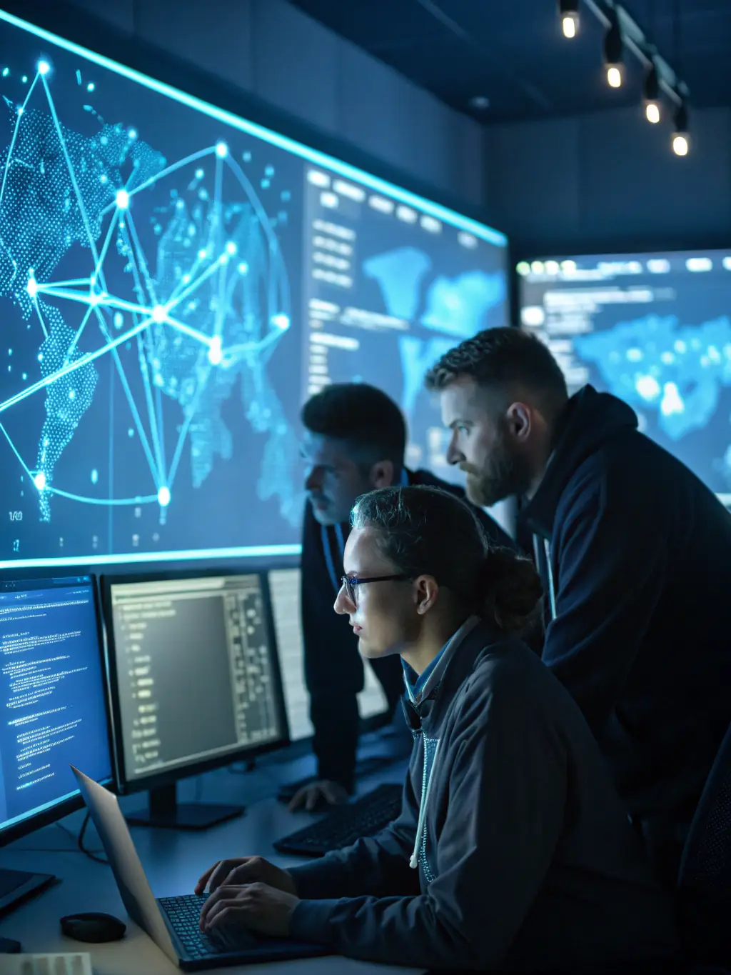 A professional photo of a team of cybersecurity experts analyzing network security data in a modern office setting, representing Fortress Cliff Cybersecurity.