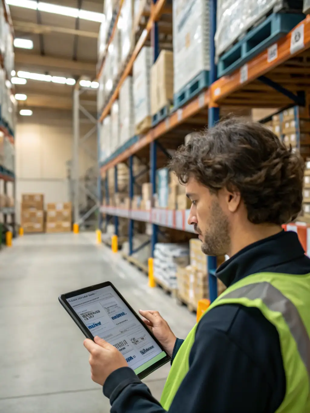 A warehouse manager using a mobile device to track inventory levels in Business Central, illustrating streamlined inventory management and reduced stockouts.