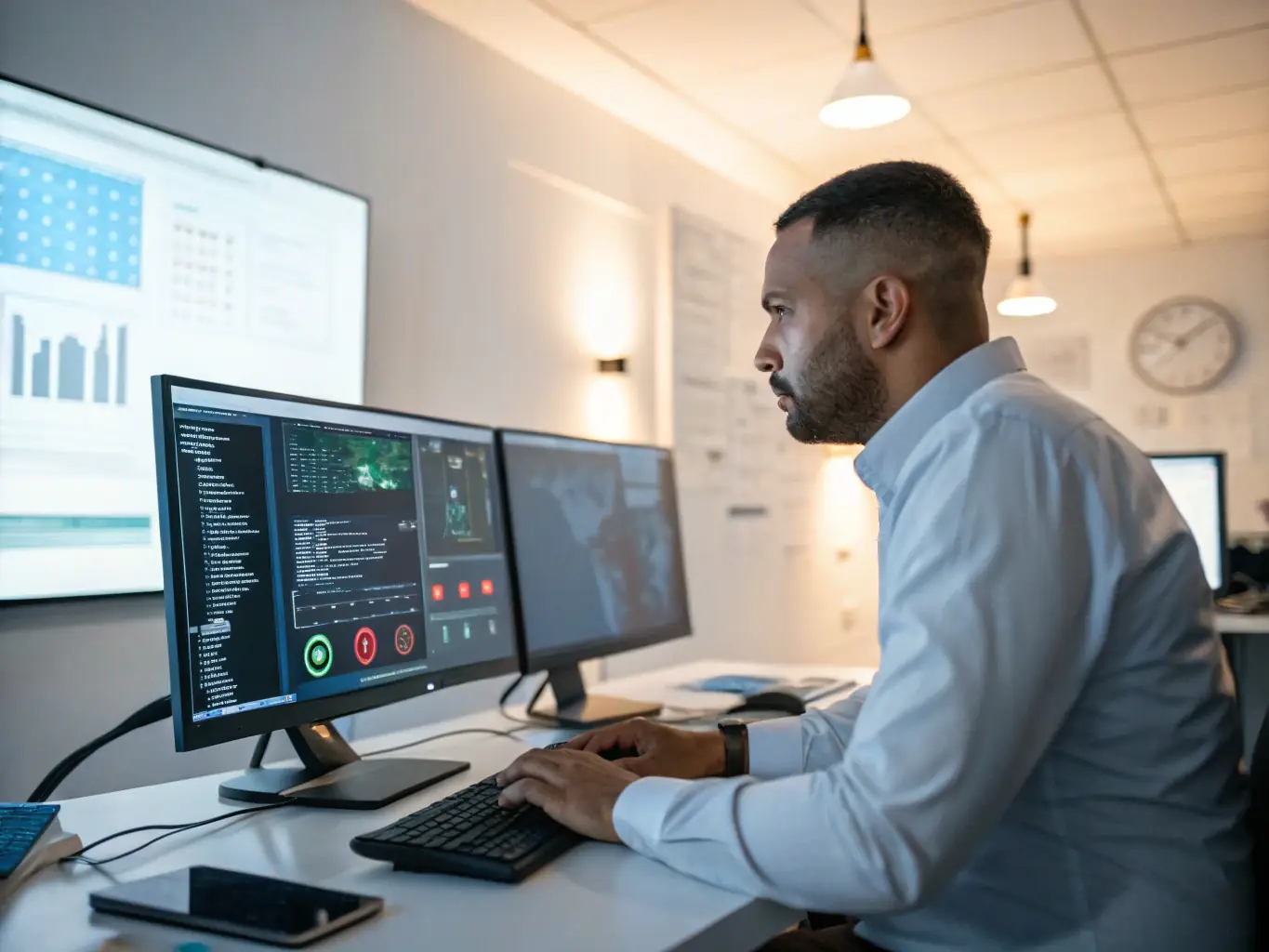 A professional IT security specialist is conducting a network vulnerability assessment using specialized software, highlighting potential weaknesses in a client's system.