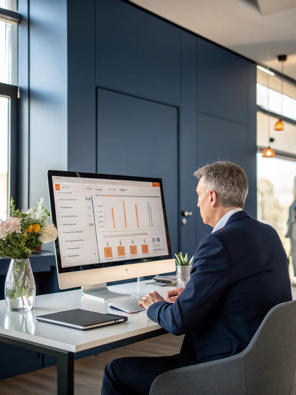 A consultant reviewing real-time financial dashboards in Business Central, showcasing the ability to monitor key performance indicators and make data-driven decisions.