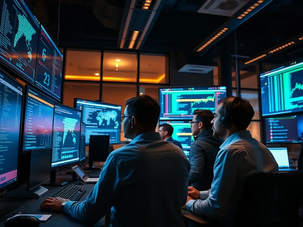 A security operations center (SOC) analyst is monitoring a real-time threat dashboard, identifying and responding to potential security incidents.