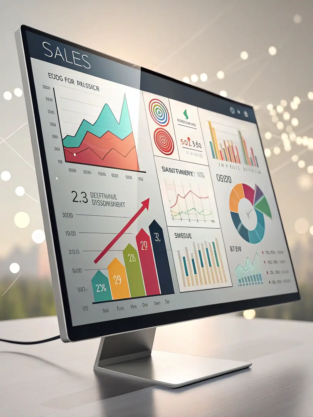 A visually compelling graphic illustrating AI-powered business intelligence tools analyzing sales data, predicting trends, and optimizing resource allocation for a sales-focused client.