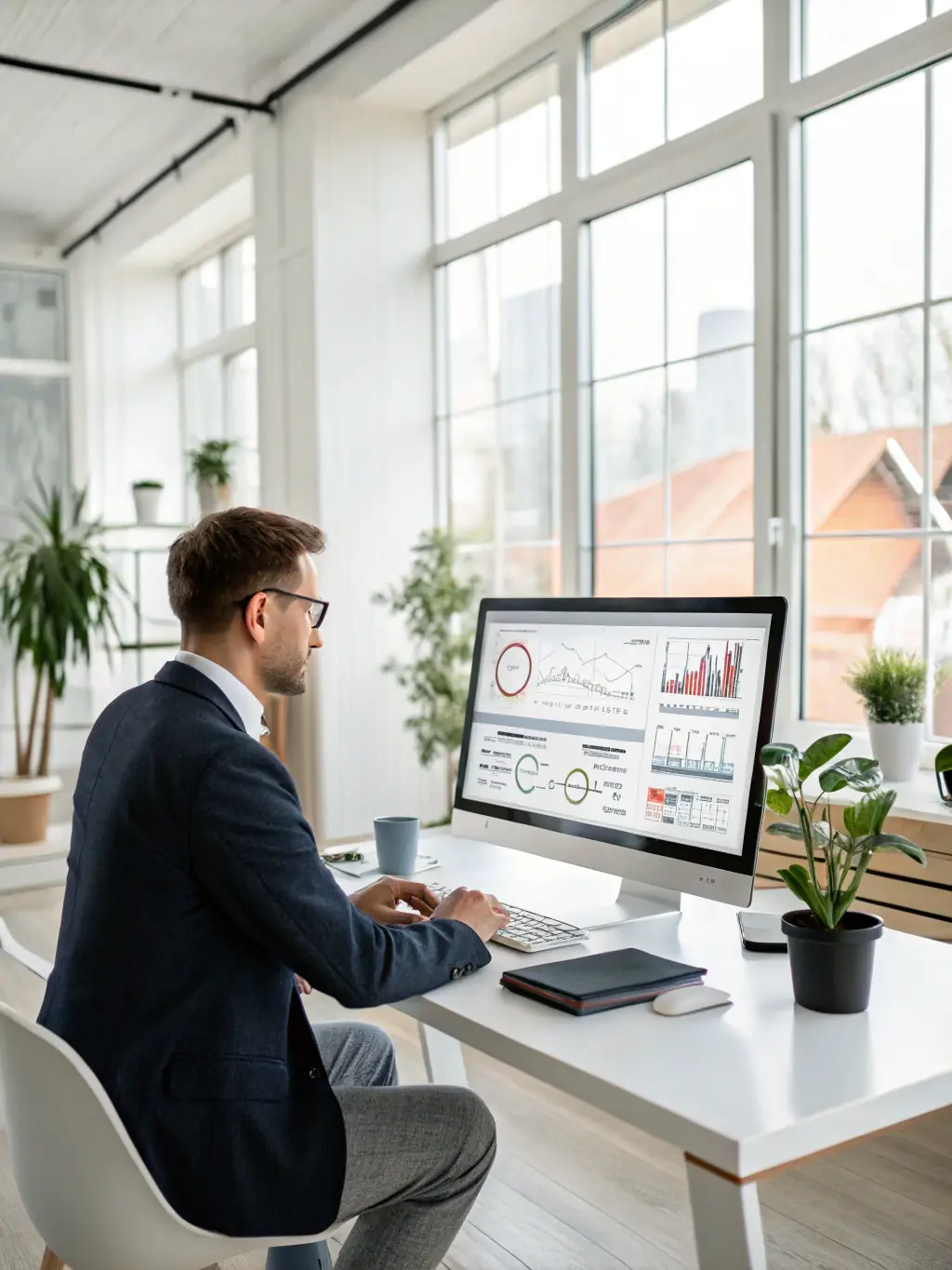 A professional photograph showcasing a unified dashboard displaying key performance indicators (KPIs) for a manufacturing client, highlighting the benefits of NetSuite's unified, cloud-based system.